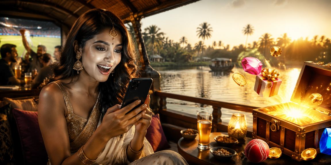 Scenic Kerala backwaters with cricket betting theme