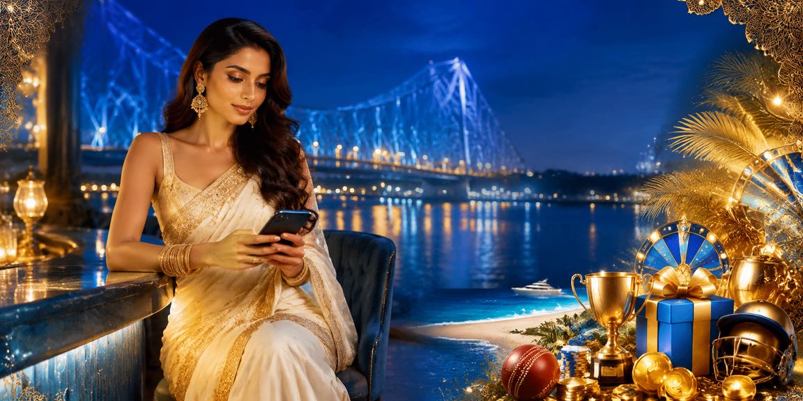 Howrah Bridge scene with cricket betting theme and lady in saree